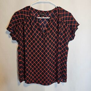 Banana Republic XS Top Blouse Short Sleeve Navy Blue Red Diamond Print